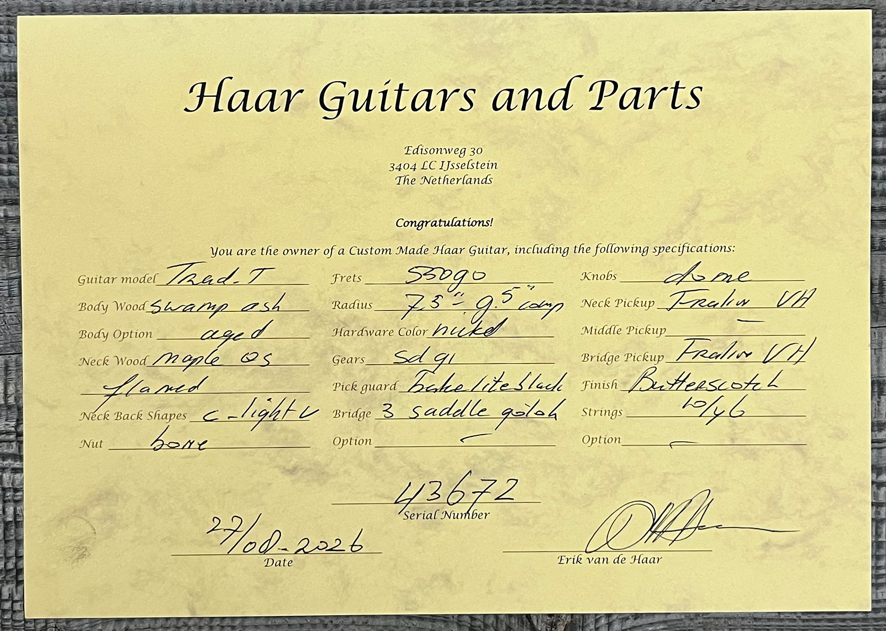 Haar Guitars Trad T 2s Lindy Fralin Mn #43672 - Aged Butterscotch - Televorm elektrische gitaar - Variation 14
