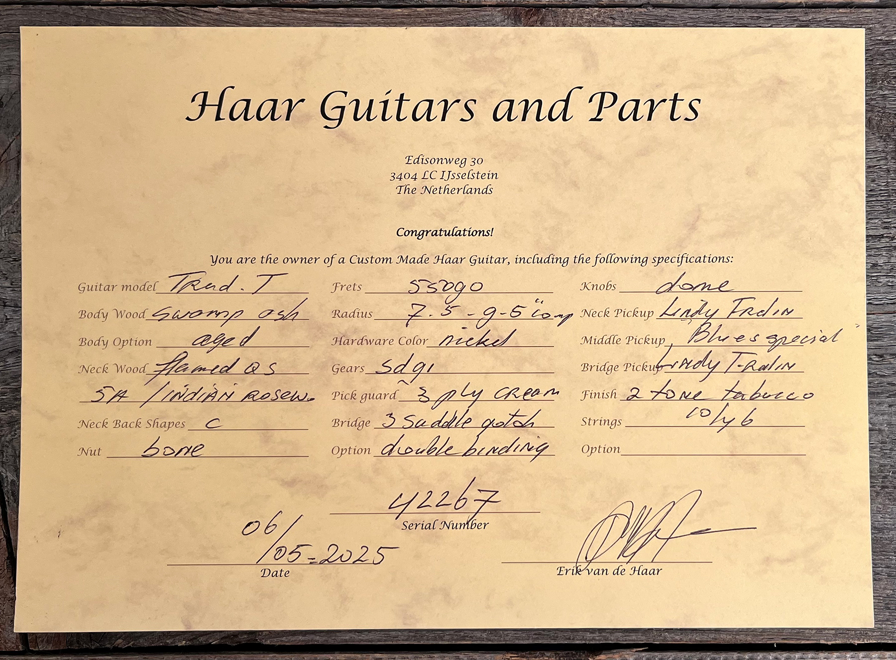 Haar Guitars Trad T Custom 2s Lindy Fralin Ht Rw #42267 - Aged 2-tone Tobacco - Televorm elektrische gitaar - Variation 12