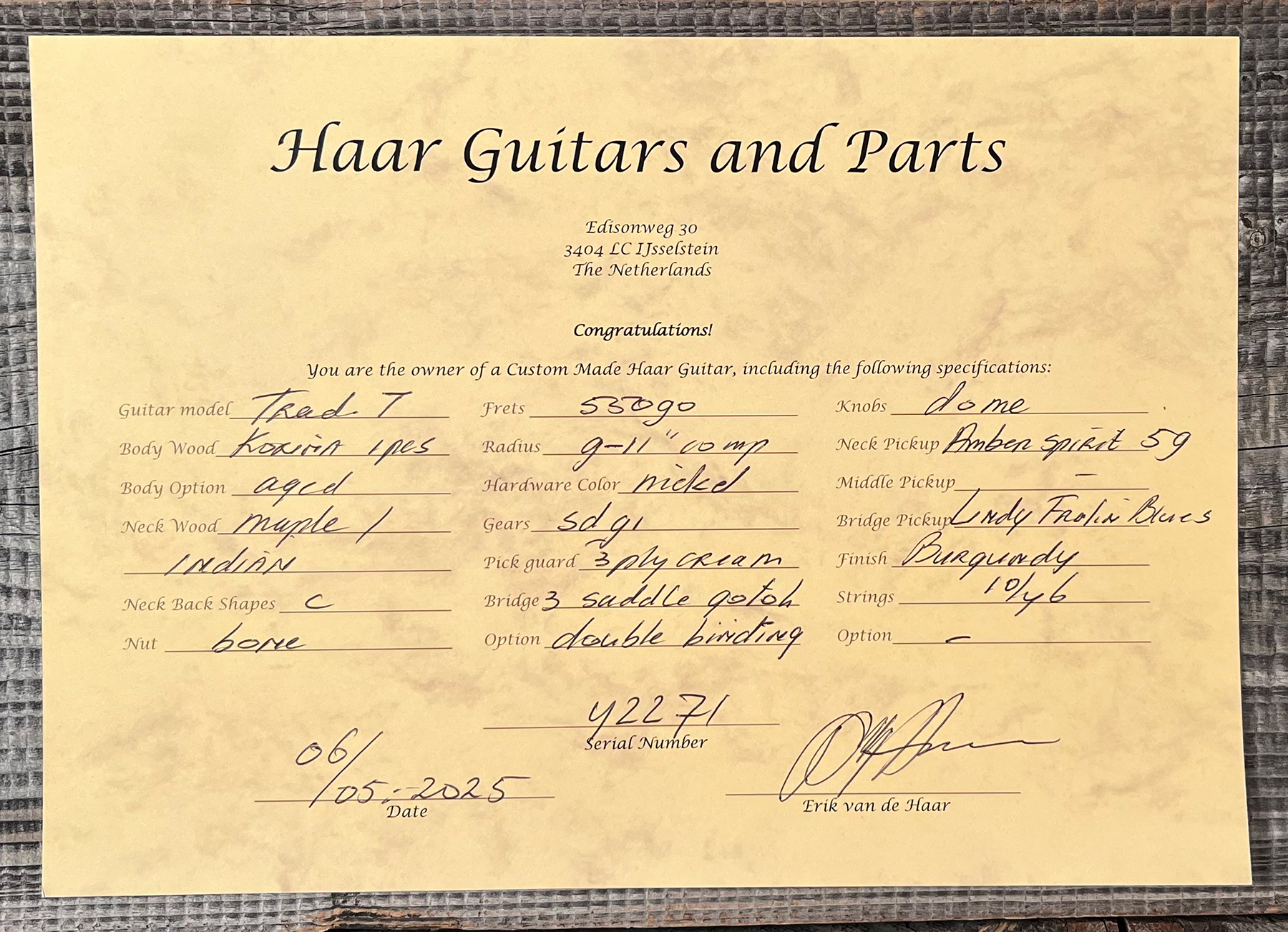 Haar Guitars Trad T Thinline 2s Lindy Fralin Ht Rw #42269 - Aged Orange Antique - Televorm elektrische gitaar - Variation 13
