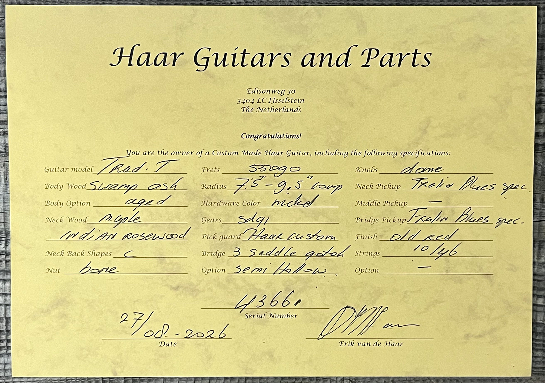 Haar Guitars Trad T Thinline 2s Lindy Fralin Rw #43661 - Aged Old Red - Televorm elektrische gitaar - Variation 14