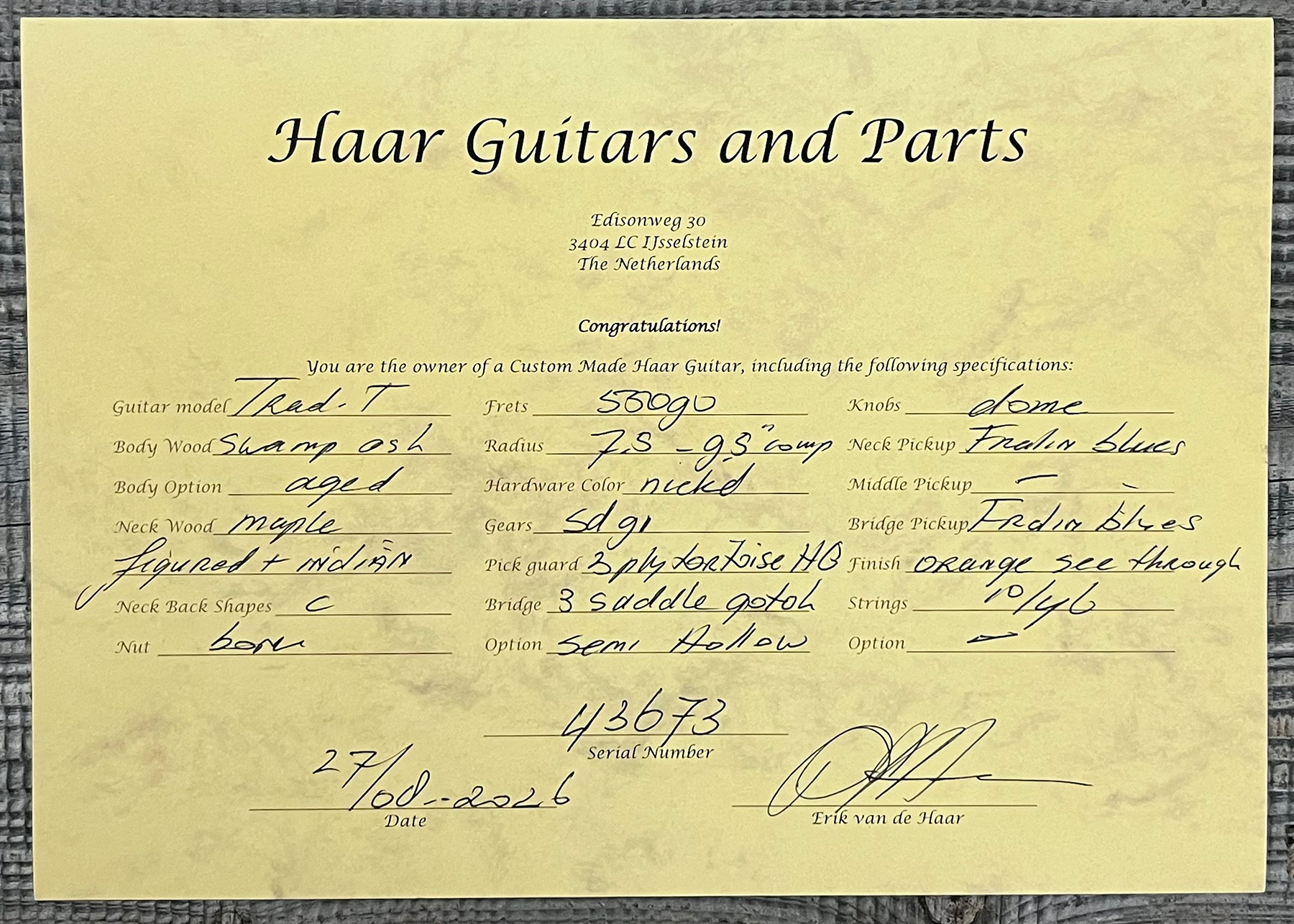 Haar Guitars Trad T Thinline 2s Lindy Fralin Rw #43673 - Aged Orange See Through - Televorm elektrische gitaar - Variation 14