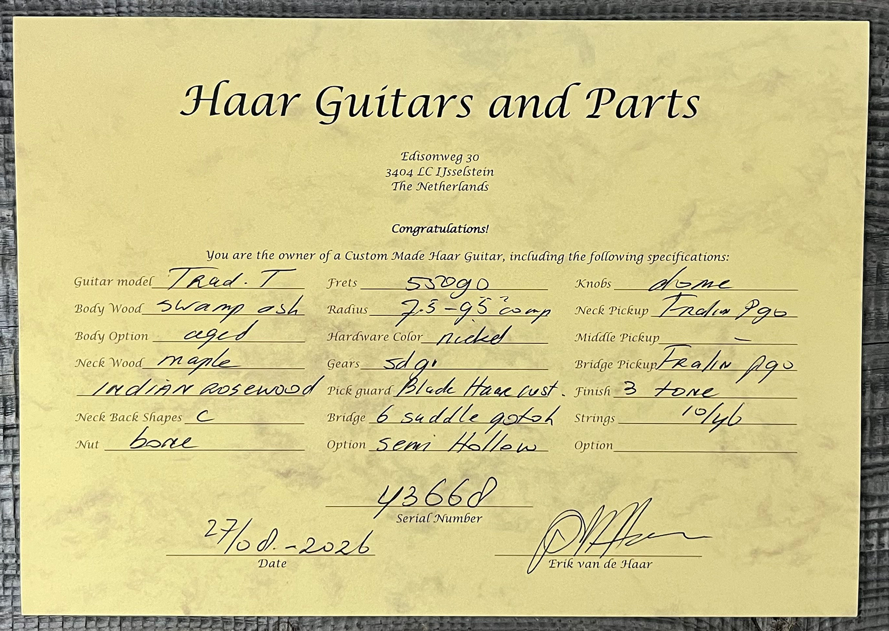 Haar Guitars Trad T Thinline 2s P90 Lindy Fralin Rw #43668 - Aged 3 Tone Sunburst - Televorm elektrische gitaar - Variation 13
