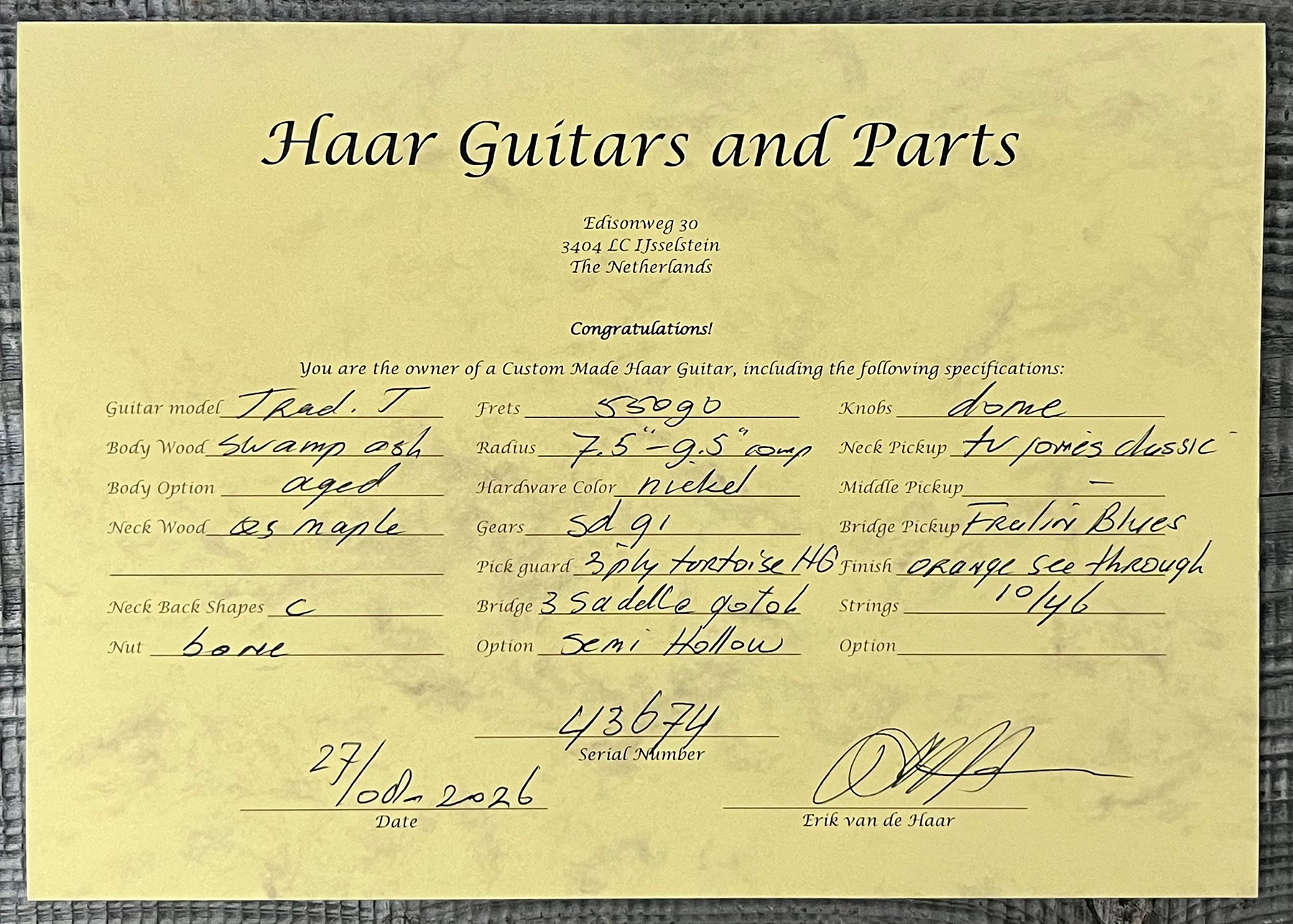 Haar Guitars Trad T Thinline Sh Tv Jones / Lindy Fralin Mn #43674 - Aged Orange See Through - Televorm elektrische gitaar - Variation 13
