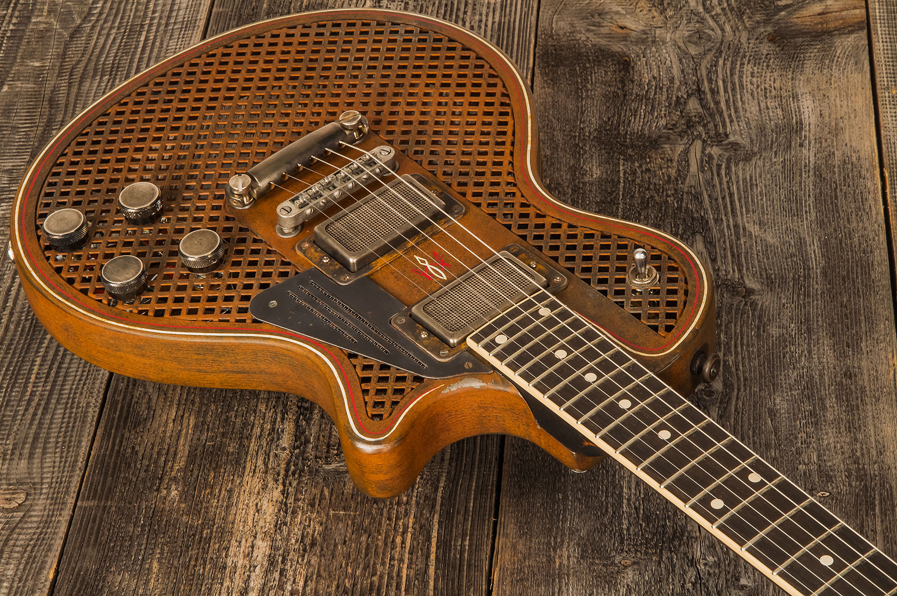 James Trussart Steeldeville Perf.front.back 2h Ht Eb #21179 - Rust O Matic Pinstriped Caged - Enkel gesneden elektrische gitaar - Variation 1