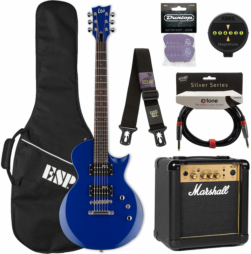 Ltd [pack] Ec-10 Kit Pack +marshall Mg10g +magnetune +x2002-3m +polylock Black - Blue - Elektrische gitaar set - Main picture