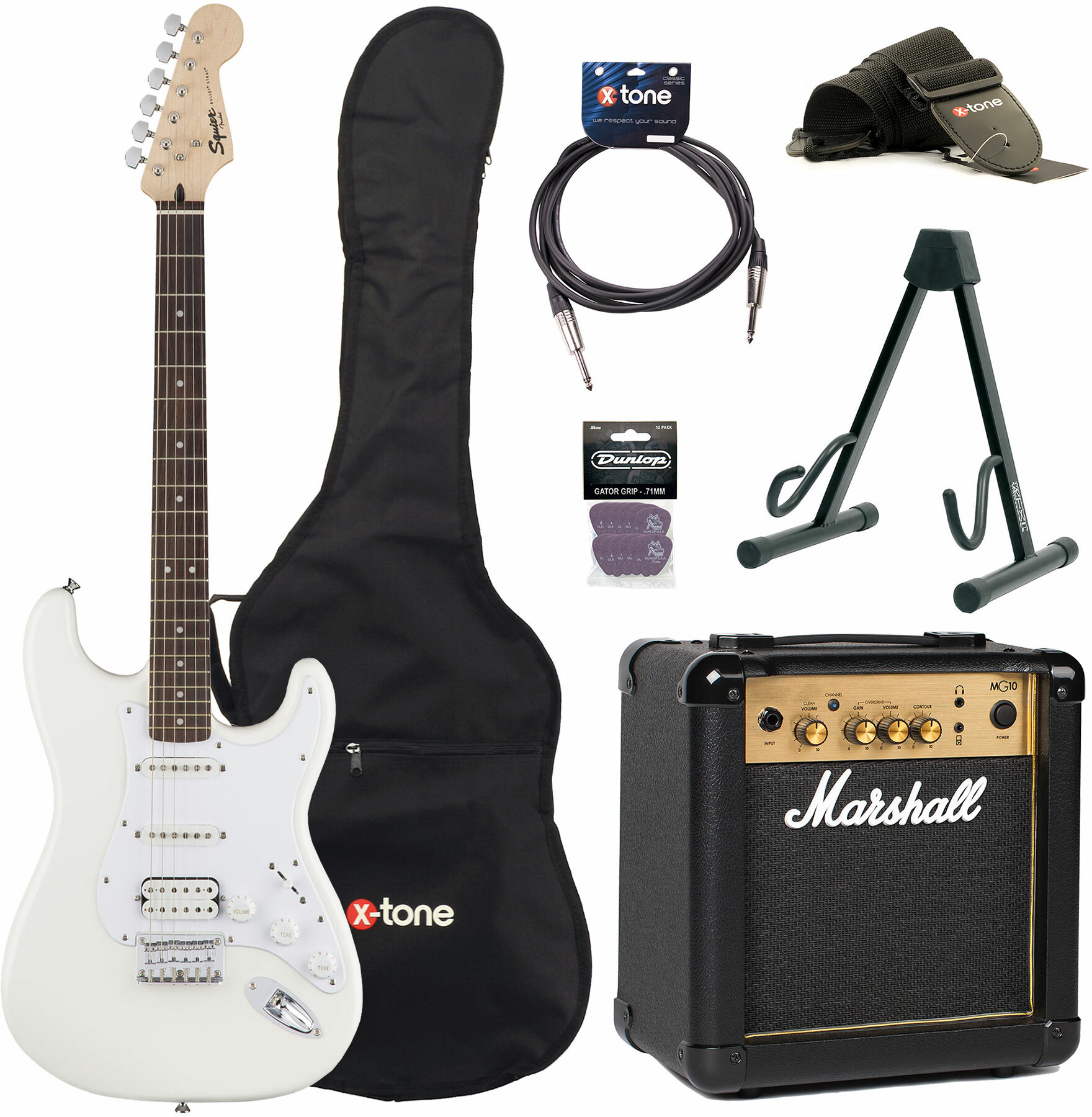 Squier Strat Bullet Ht Hss + Marshall Mg10g + Access X-tone - Arctic White - Elektrische gitaar set - Main picture