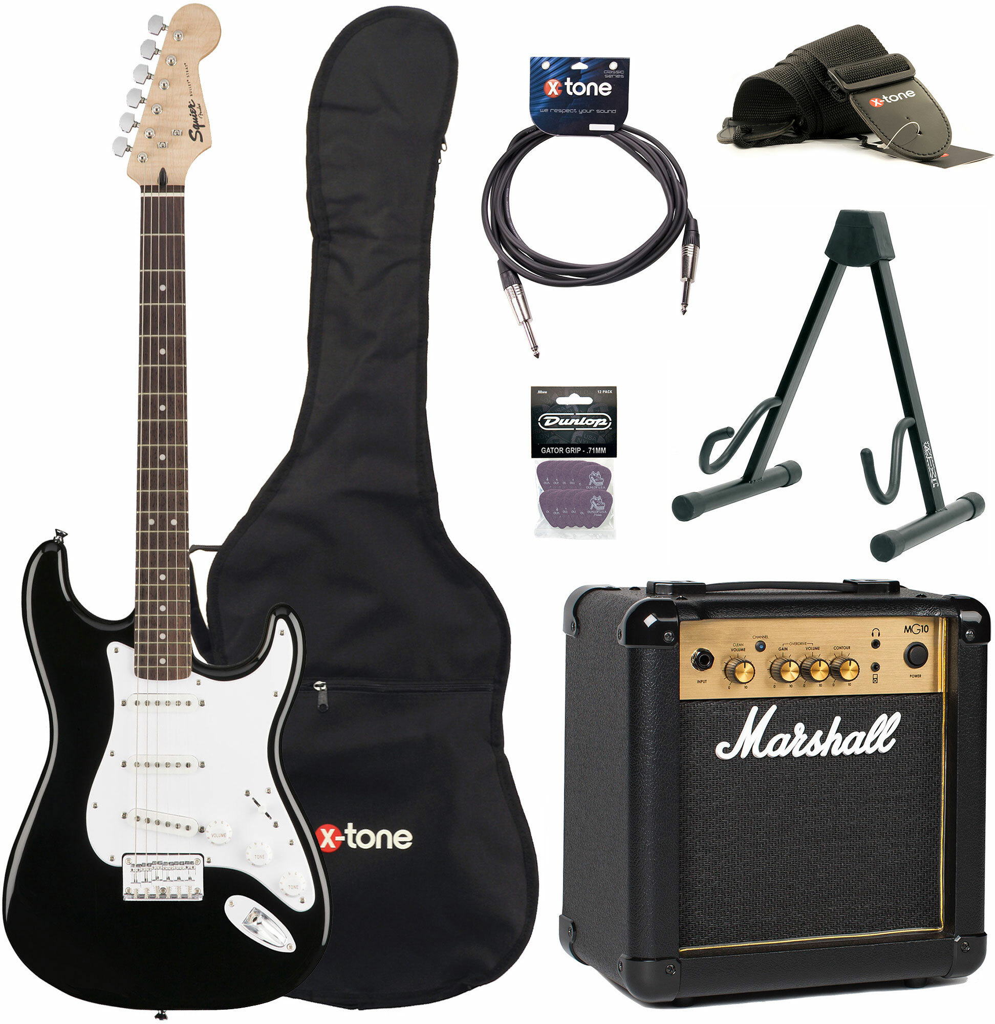 Squier Strat Bullet Ht Hss + Marshall Mg10g + X-tone Access - Black - Elektrische gitaar set - Main picture