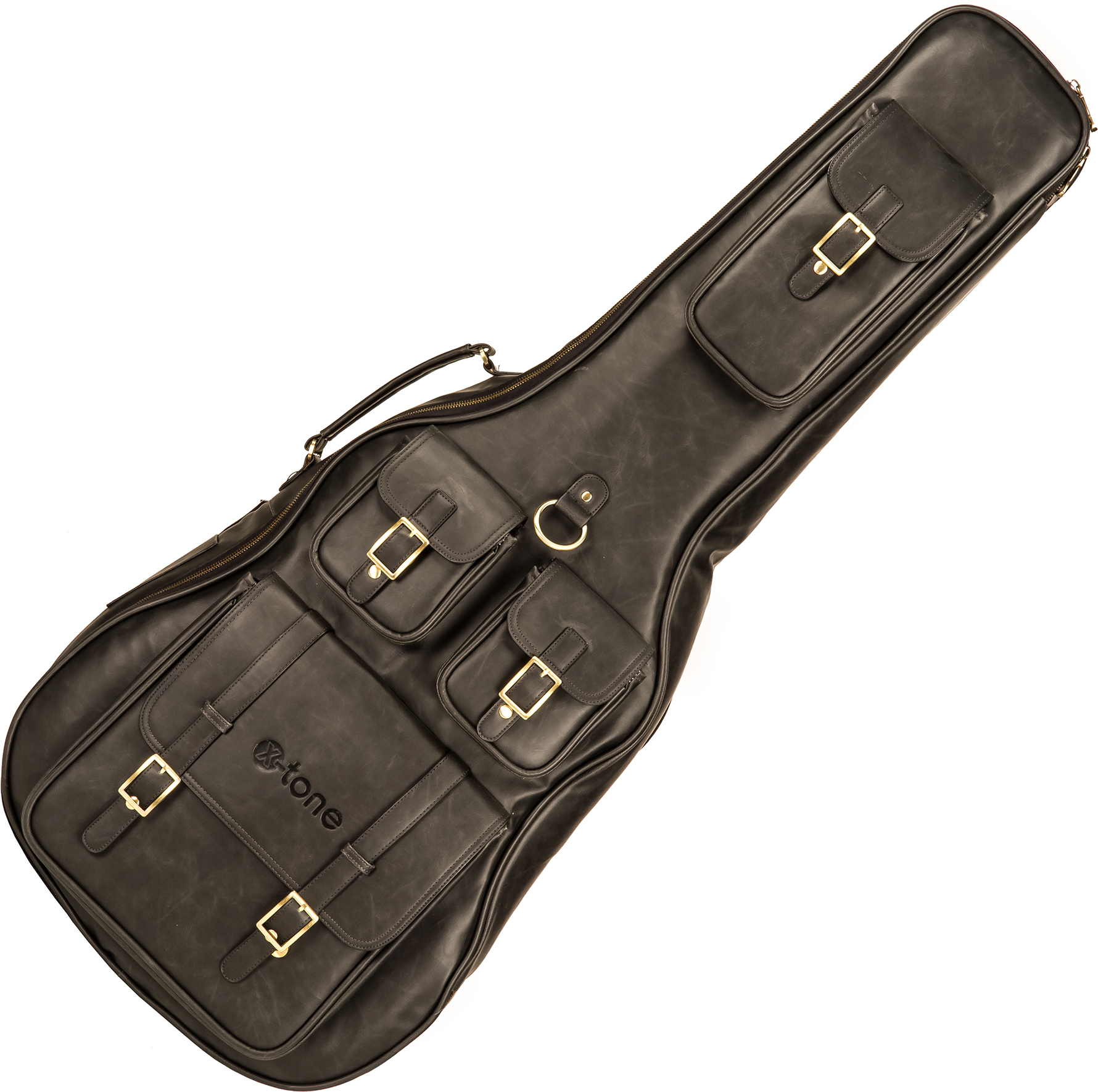 X-tone 2035 Fol-bk Deluxe Leather Acoustic Dreadnought Guitar Bag Cuir Matt Black (ex 2067) - Tas voor Akoestische Westerngitaar - Main picture